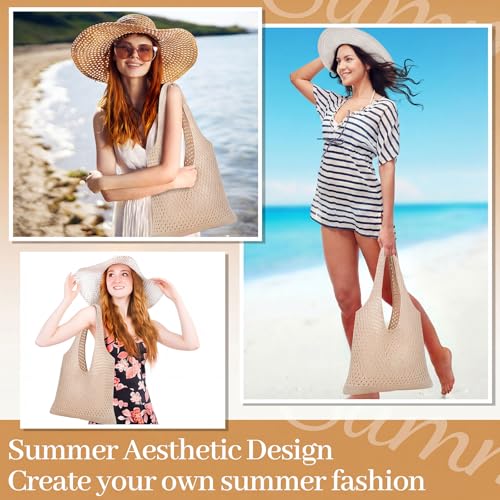 Image of Aliceset 2 Pack Crochet Mesh Beach Tote Bag with Letter Patch Pocket Summer Beach Tote Bohemian Straw Transparent Bag
