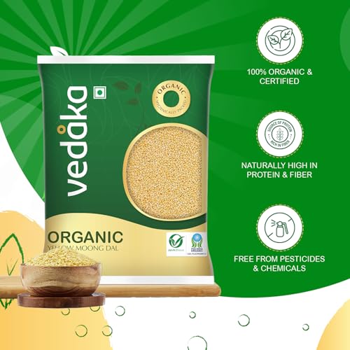 Image of Amazon Brand - Vedaka Organic Yellow Moong Dal | 1 Kg | Naturally Rich Source Of Protein | Cholesterol Free & No Added Additives