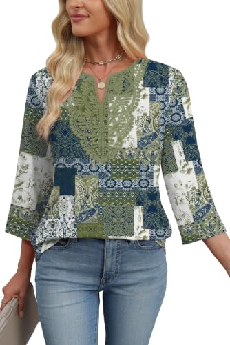 Image of WIHOLL 3 /4 Length Sleeve Womens Tops Boho V Neck Lace Shirt Trendy Blouses Dressy Casual Vacation Clothes S-3XL