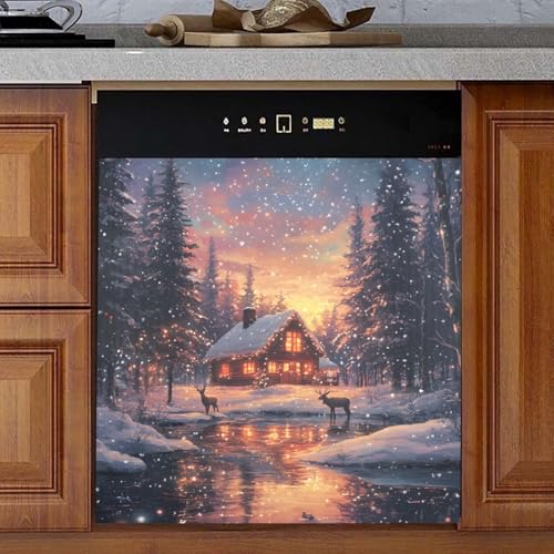 Christmas Dishwasher Magnet Cover Christmas Scene Snowflakes Decorative Dish Washer Cover Panel for the Front Sticker Decal Washing Machine Cover Holiday Decor 26x23 in