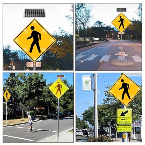24'' Solar Pedestrian Crossing Sign, LED Blinking Reflective Street Traffic Warning Sign, Heavy Duty Rust-Proof Metal Frame + Engineering Grade Reflective Film(A,61cm(24in))