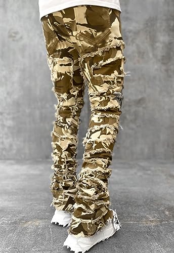 Jeans for Men Stretch Fit Skinny Stacked Ripped Destroyed Jeans Slim Fit Patch Y2K Denim Pants Slim Fit Trousers Streetwear Camo2