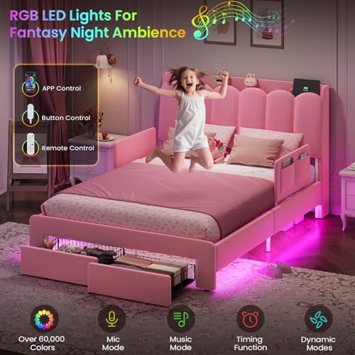 Image of DICTAC Full Size Girls Bed Frame with Storage Drawer and Safety Guardrails, LED Velvet Upholstered Princess Platform Bed with Wavy Storage Headboard and Charging Station,Heavy Duty Metal Support, Pink