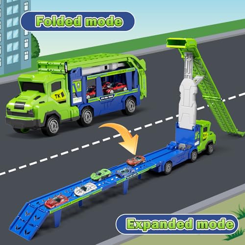BainGesk Truck Car Toys for 3, 4, 5, 6 Years Old Boys Girls, 3 in 1 Carrier Truck with 2 Foldable Race Tracks, Transport Car with 6 Metal Cars, Birthday Toys Gifts for Toddlers