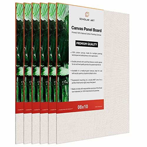 Image of Scholar Art Hobby Series 04 Oz (230 GSM) 100% Cotton Canvas Panel Board for Painting (White Blank Canvas Boards for Acrylic Paint, Oil Paint, Wet & Dry Media) | 08 inchx10 inch (20x25 cm), Pack of 6