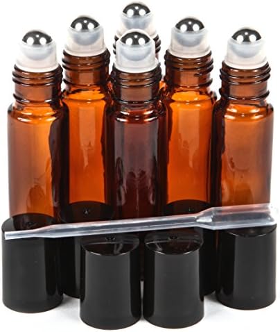Vivaplex, 6, Amber, 10 ml Glass Roll-on Bottles with Stainless Steel Roller Balls - .5 ml Dropper included
