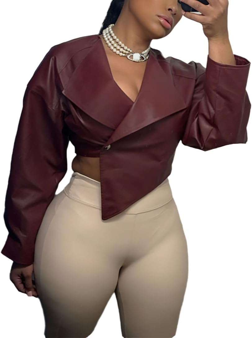 ZUAVIALA Women Faux Leather Jacket Long Sleeve Button Lapel V-Neck Irreguar Crop Jacket Lightweight Outwear Fall Women Coat