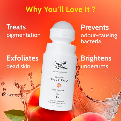 Image of Chemist At Play Neck, Knee & Elbow Brightening Roll On 6% Vitamin C+ Hyaluronic Acid + AHA + Niacinamide + Ceramides | Under-Arm Roll-On, 5% Lactic Acid & 1% Mandelic Acid, Peach Fragrance | 40 + 40ml