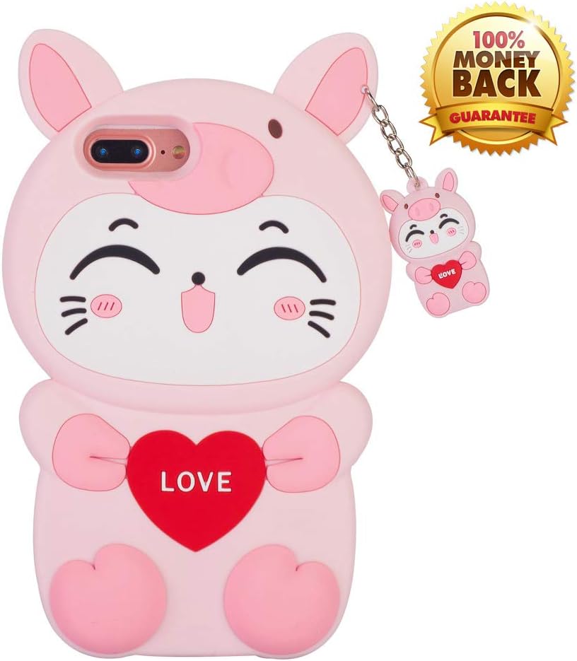 3D Pink Cat Case for iPhone 8 Plus/7Plus/6S Plus/6 Plus (5.5"), Cute Cartoon Animal Soft Rubber Silicone Shockproof Drop Protection Skin Funny Unique Durable Bumper Case for Girls Boys Kids