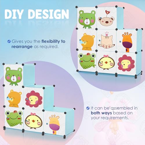 Image of ABOUT SPACE Plastic Kids Wardrobe - DIY 8 Cube Kids Almirah with Cartoon Door, Side Hanger, Cloth Hanger, Door Magnet & Hamer - Collapsible Organizer| Storage for Baby Clothes Boys Girls - Blue