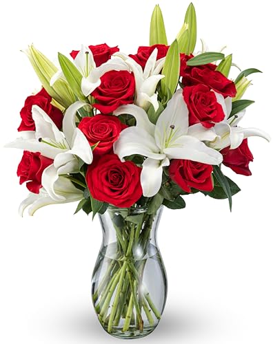 Benchmark Bouquets - Oriental Lily Flower &amp; Red Roses Bouquet - Fresh Flowers for Delivery - Real Flowers in a Vase - Romantic Gift Set - Gift for Anniversary (Glass Vase Included)