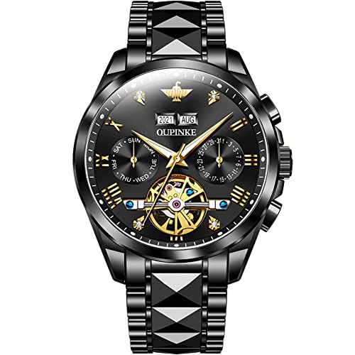 Image of OLEVS Mechanical Dress Mens Watches Square Brown Leather Strap Moon Phase Skeleton Tourbillion Day Date Waterproof Luminous Men's Wrist Watches