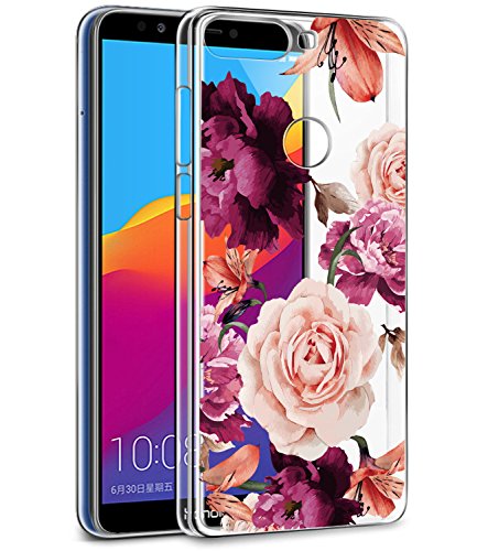 BAISRKE Huawei Y7 Prime 2018 Case,Honor 7C Case with Flowers Slim Shockproof Clear Floral Pattern Soft Flexible TPU Back Cove for Huawei Y7 Pro (2018) /Huawei Nova 2 Lite [Purple Pink]