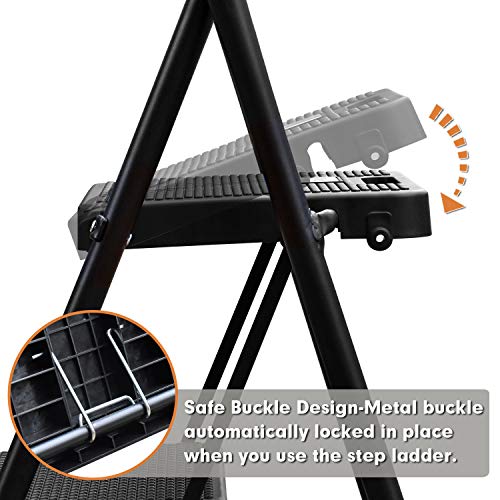 HBTower 3 Step Ladder, Folding Step Stool with Wide Anti-Slip Pedal, Sturdy Steel Ladder, Convenient Handrail, Lightweight, Portable Steel Step Stool - Image 3