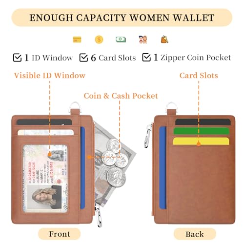 Image of Hancynir Slim Wallet Women Credit Card Holder Minimalist Brown Vintage RFID Small Mini Card Case Front Pocket PU Leather Thin Travel Zipper Coin Cash ID Window Girls Wallet Gifts