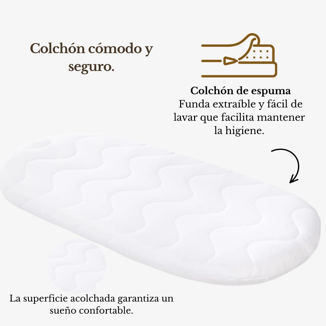 Wiklinopol Cuna Amelia – Moisés Tejido a Mano Natural con Soporte y colchón – Juego de Ropa de Cama Teddy de 5 Piezas Ecru – Moisés portátil con Ruedas – Ideal para recién Nacidos