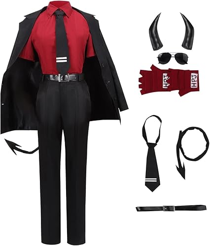 Weixu Helltaker - Disfraz de Justicia para cosplay, uniforme de chaqueta, camisa y pantalones, conjunto completo con lazo en la cola, gafas, traje