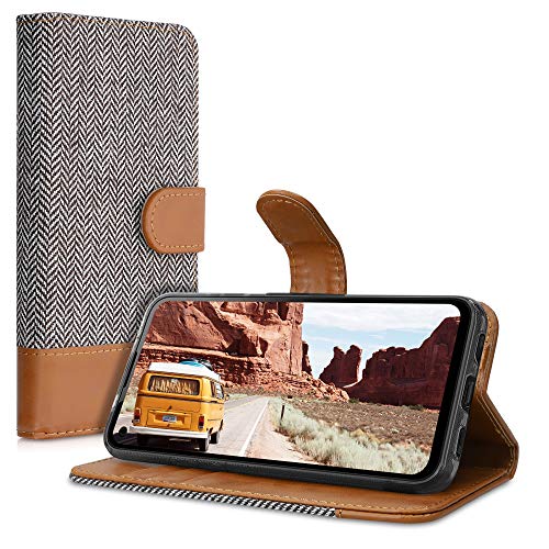 Kwmobile Wallet Case Compatible With Google Pixel 4A - Case Fabric And Faux Leather Phone Flip Cover - Light Grey/Brown #TOP4