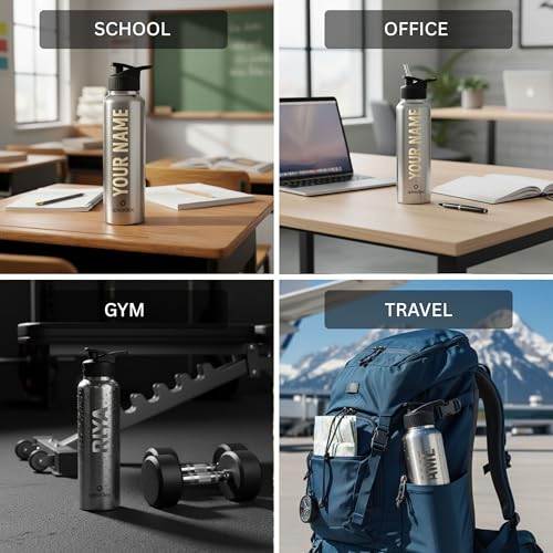 Image of Speedex Customised Stainless Steel Water Bottle 1 Ltr with Name - Personalised Engraved Sipper Cap Bottle for Kids, Men & Women, School, Gym, Office Silver, Set of 1
