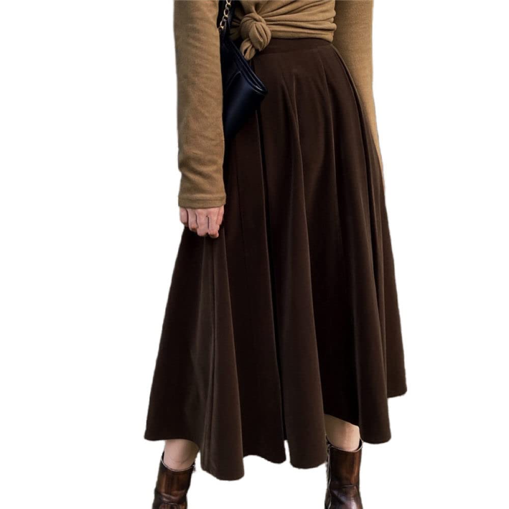 OZEO Gonne A Ruota,Gonna Midi da Donna Marrone Scuro Vita Alta Ombrello Plissettato in Velluto retrò Gonna A-Line Tinta Unita Increspato Elegante Gonne Lunghe per Ragazze Donna Autunno Inverno,S