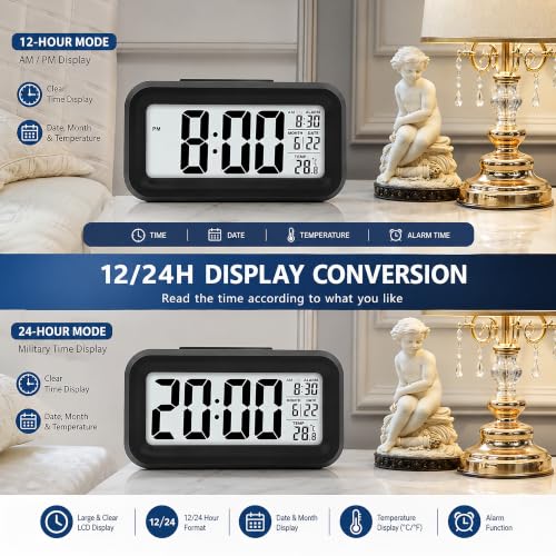 Image of Alarm Clock, Digital Alarm Clock, Battery Operated Bed Side - Table Clocks with Temperature Display, Snooze Function and Backlight, Travel, Bedroom