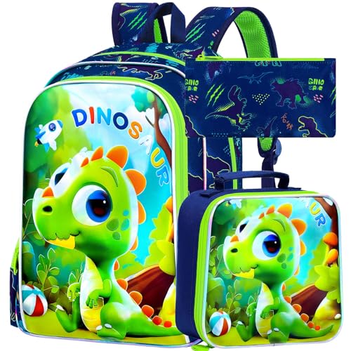 Image of 16 inch Dinosaur Backpack for Boys, Kids Bookbag with Lunch Box, 3Pcs Dino School Backpacks for Elementary Preschool Kindergarten (Green)