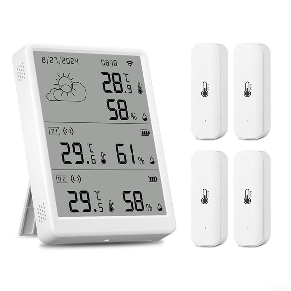 Sensor de humedad WiFi LCD compatible con Tuya, rango de 100 m, soporta múltiples sensores, monitoreo remoto (1 monitor + 4 sensores)
