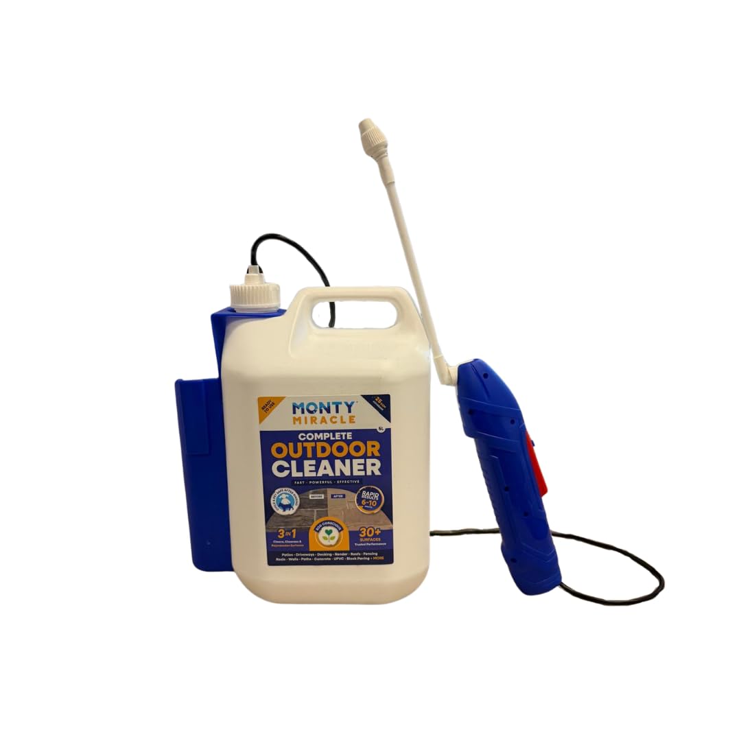 Monty Miracle® Complete Outdoor Cleaner, Clean & Rejuvenate your Patio, Decking, Fencing, Paths, Driveway, Render & More - Results in 6-10 Minutes! Pet & Child Safe (5L & Battery Wand)