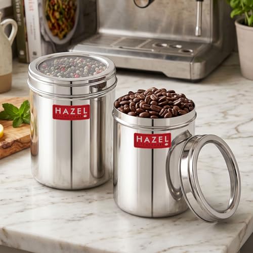 Image of HAZEL Stainless Steel Kitchen Container with Transparent Lid | Top See Through Kitchen Container Set with Matt Finish | Multipurpose Container for Kitchen Storage, 1500 ML, Set of 2