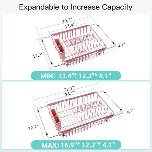 Image of JASIWAY Pink Dish Drying Rack Over the Sink with Utensil Holder