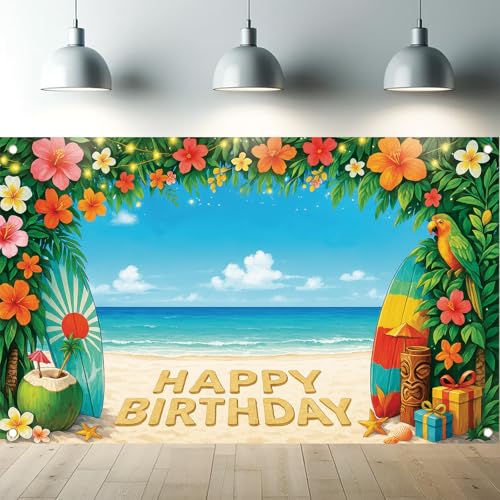 Image of Summer Hawaiian Birthday Backdrop Tropical Flower Beach Party Decorations Banner 71 x 43 Inch Surfboard Parrot Coconut Background for Kids Adults Happy Birthday Photography Props