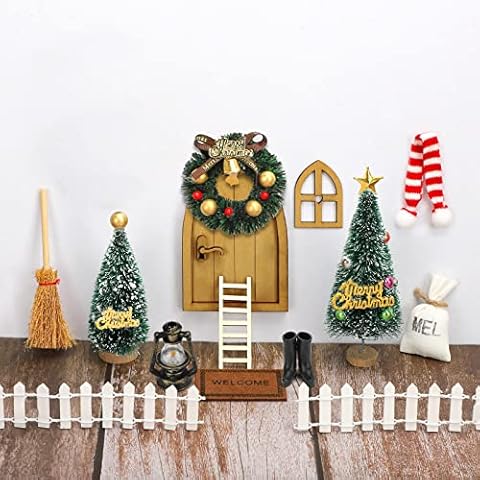 DUOUPA Gnome Door Christmas Set, Miniature Door Gnome Accessories Christmas Decoration with Christmas Tree Wreath Wooden Ladder Lantern Boots Carpet Scarf Fence Cover