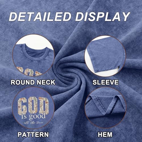 Image of Christian God is Good Shirts for Women Jesus Faith Religious T Shirts Floral Graphic Oversized Acid Washed Tee Tops