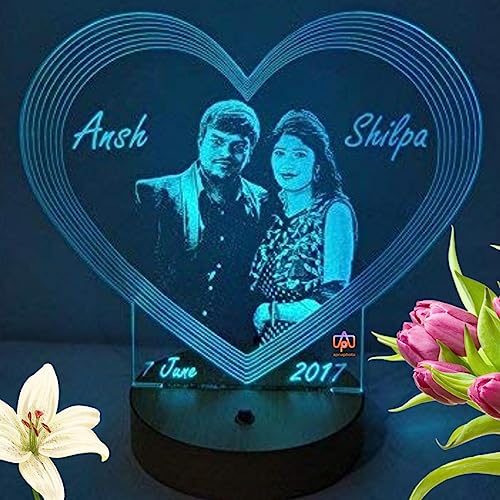 Image of Apna Photo Heart Shape 3D Illusion Led Lamp 16 Color Changing Customized and Personalized Photo Frame with Any Photo and Name (Multicolour, 20X18 Cm, Acrylic, Pack of 1)