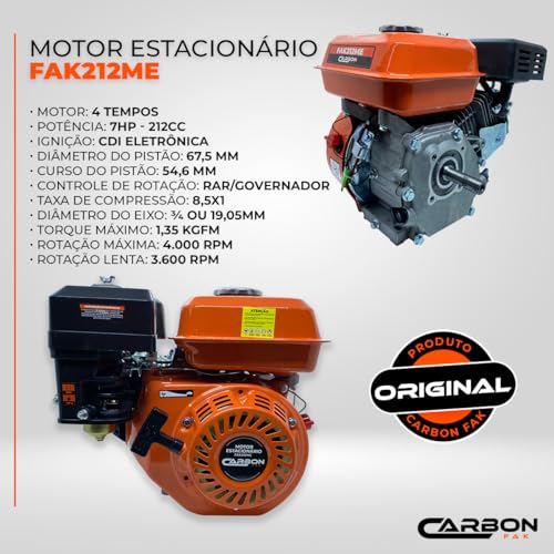 Motor Estacionário a Gasolina 4T 7HP 212CC Partida Manual com Sensor de Óleo Carbon Fak