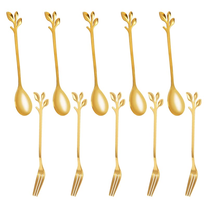 Jrifedptry Juego de 5 cucharas+5 tenedores de acero inoxidable con diseño de hoja de café, para tartas, tenedores, cucharas de postre, juego de cucharaditas agitadoras doradas