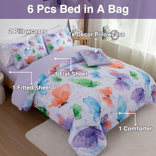 Image of A Nice Night 6pcs Bed in A Bag Watercolor Ink Wash Tie-Dye Butterfly Flying Printed, Butterflies Bedding Comforter Set, Purple Green Twin