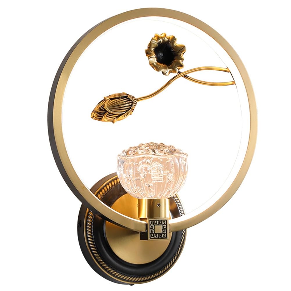 SXSCARKX Round Wall Lamp, Dimmable All Copper Light, Indoor Bedside Sconce with Acrylic Shade, Modern Vanity Mount Lighting Fixture for Bedroom Bathroom Living Room Hallway