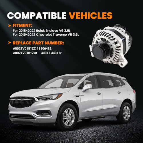 Image of High Output Alternator 170A Compatible with 2018-2022 Buick Enclave, 2019-2022 Chevrolet Traverse V6 3.6L, 6-Groove Decoupler Pulley, Replace A002TV0181ZC 13506432
