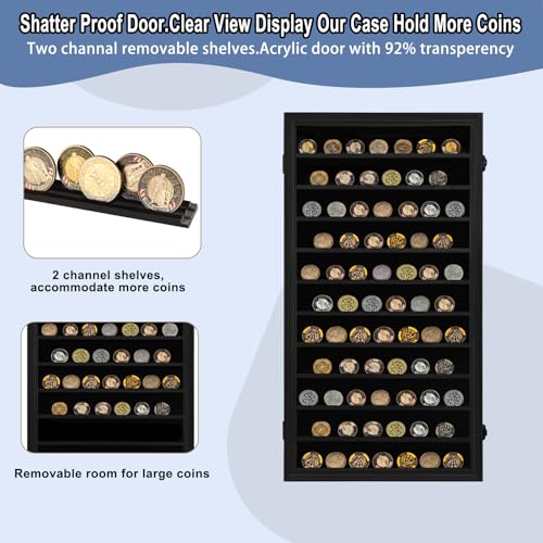 Image of Jinchuan Military Challenge Coin Display Case Lockable Cabinet Holder Shadow Box with Removable 2 Grooves Shelves and Anti Fade Acrylic Glass for Casino Poker Chips Collectibles, Extra Large - Black