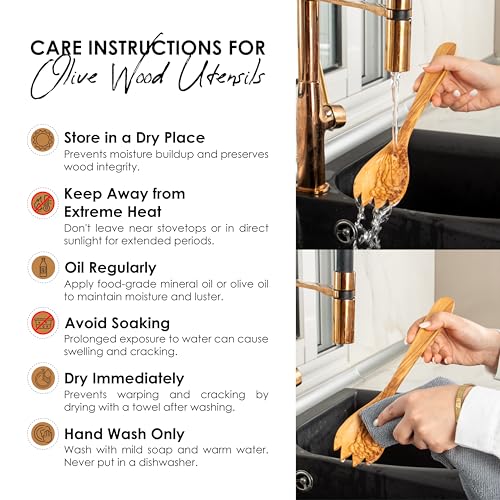 Olive Wood Cooking Spoons Set – 2pcs Handmade Wooden Spoons with Salad Serving Spoon – Durable, Eco-Friendly Kitchen Utensils with Beeswax Finish, Non-Toxic - Image 9