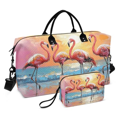 Flamingo Beach Sunset Duffle Bag for Travel, Gym Bag with Multiple Interior Pockets for Men Women Overnight Box Included 20.5 x 1.9 x 13.8 In