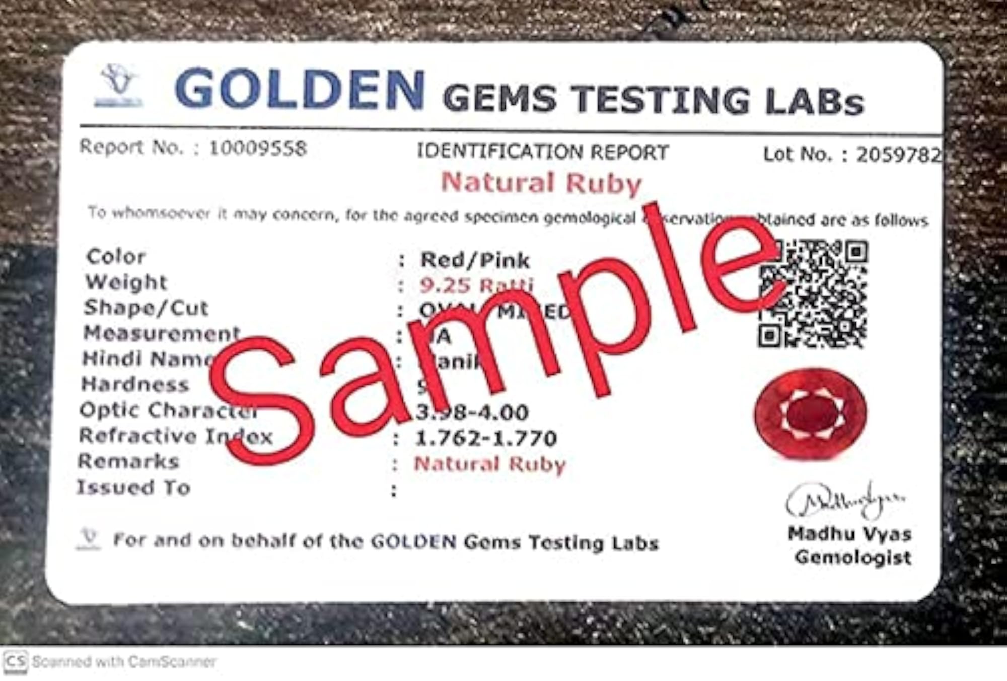 11.00 Ratti Ruby Stone Certified Natural Manik Gemstone