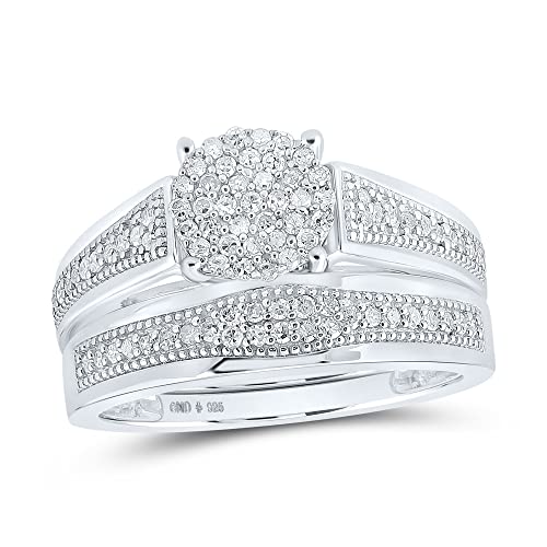 Solid 925 Sterling Silver His and Hers Trio Three Rings Set Real Natural Diamond Heart Matching Rings Wedding Band Set 7/8 Carat (.88 Cttw)2