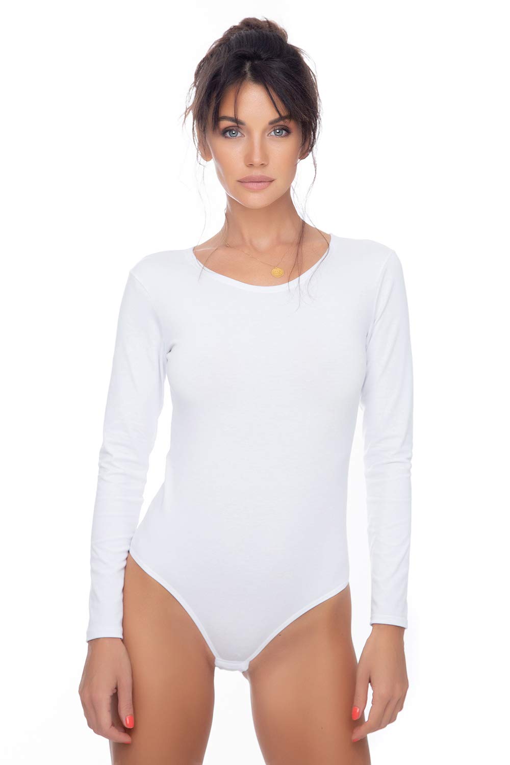 Evoni Women's Long-Sleeve Bodysuit I Opaque Bodysuit with Crew Neck for Women I Long-Sleeve Bodysuit in Various Colours I Body Shaper Made from Cotton I Jumpsuit, White, M