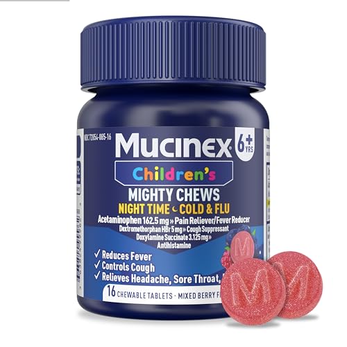 Mucinex Childrens Mighty Chews Nighttime Cold and Flu Medicine Childrens Acetaminophen Dextromethorphan & Doxylamine Succinate Kids Cough Medicine Ages 6+ 16 Medicated Chewable Tablets