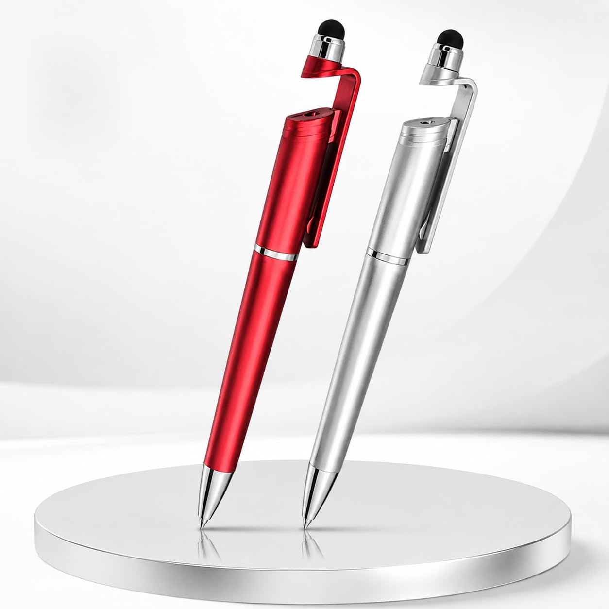 ORIONIS 3-in-1 Stylus Ball Pen Pack of 2 (Red & Silver) | Multifunction Metal Ballpoint Pen with Touch Screen Stylus & Built-in Mobile Stand | Twist Retractable Blue Ink Pen-image-2