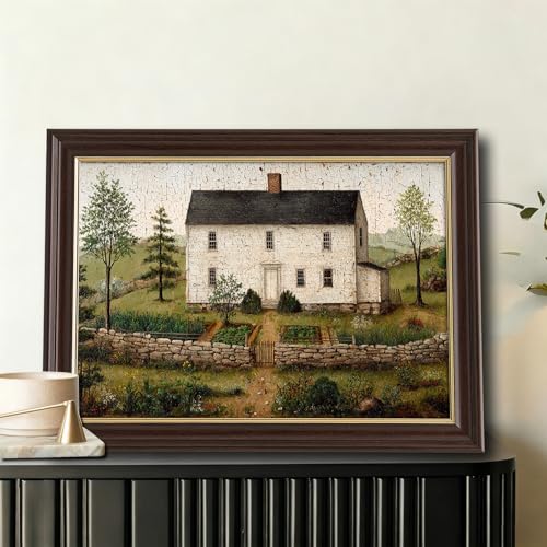 Image of Framed Vintage Colonial Farmhouse Canvas Wall Art, Primitive White House with Garden Canvas Prints Pictures, Antique Folk Art Wall Decor for Living Room Bedroom Farmhouse Kitchen