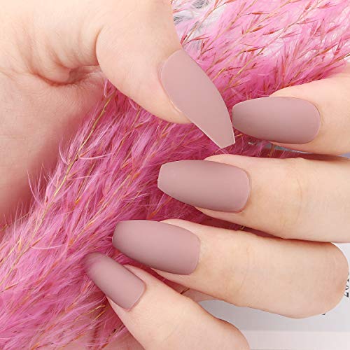 Coffin Matte False Nails, 24Pcs Pure Color Matte Coffin Nail Tips Ballerina False Gel Nails Art Set Full Cover Fake Nails, Acrylic Press on Nails with Nail Adhesive Tabs and Nail File (Nude Pink) - Thumbnail 2