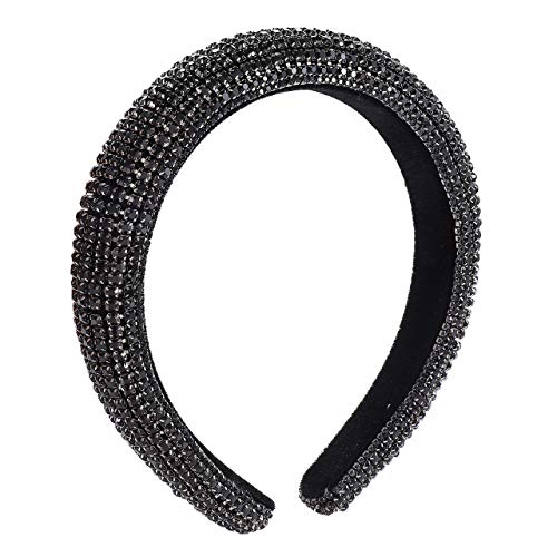 Rhinestone Padded Headband Handmade Baroque Velvet Padded Lining Hair Hoop Bridal Wedding Wide Headwear Accessories For Women (black)